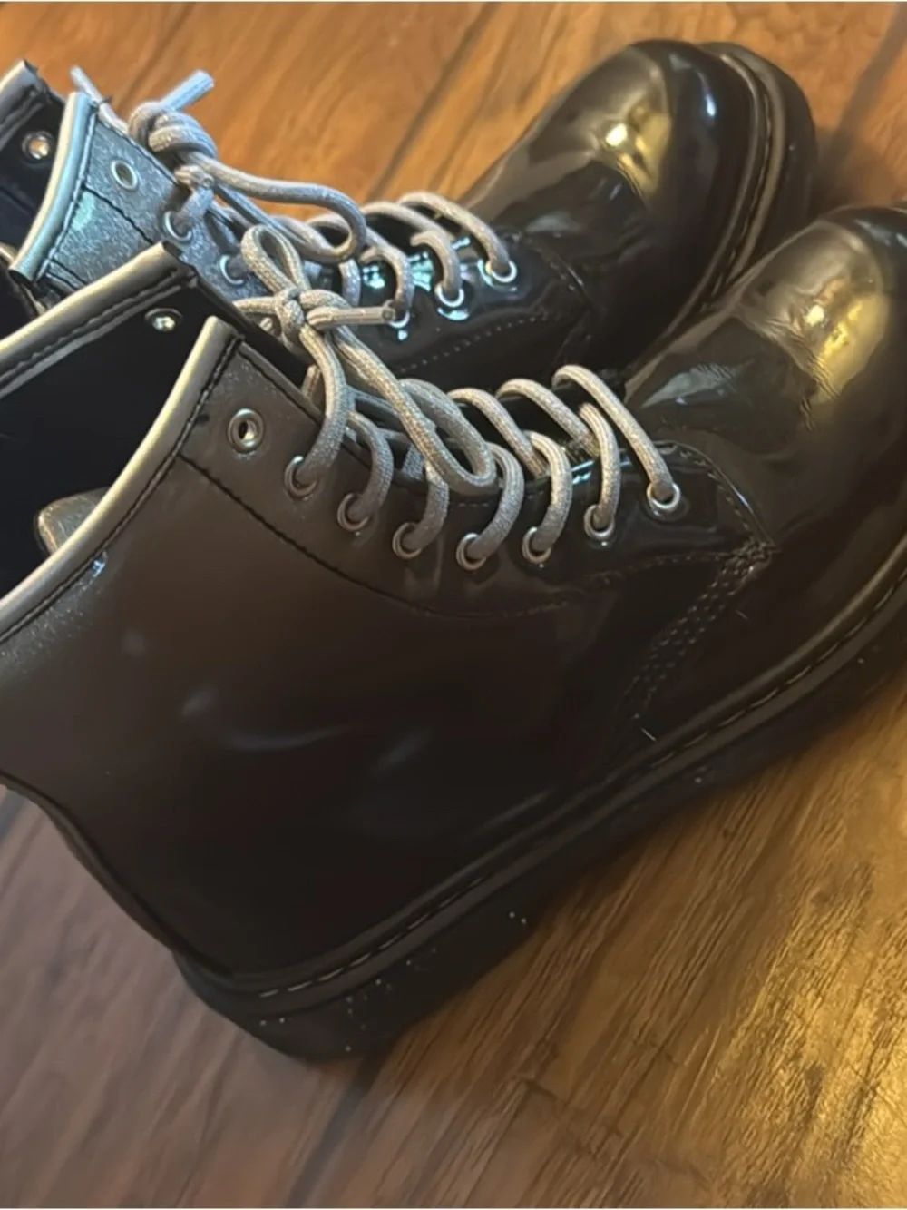 Dr. Martens Black Patent Leather Boots with Silver Laces
